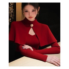 批发轻熟风假两件红色斗篷披肩针织衫2025秋季新款小众不撞款绝美上衣