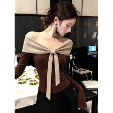 批发甜辣妹一字肩蝴蝶结针织打底衫女内搭设计感秋<b class='q'>冬</b>撞色拼接长袖上衣