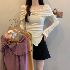 批发2025秋<b class='q'>冬</b>新款韩版纯色气质设计感不规则方领针织衫修身百搭上衣女