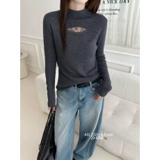 批发2025秋冬新款韩版镂空蕾丝边羊毛针织衫圆领百搭打底衫