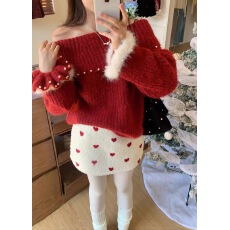 批发2025秋冬东大门法式钉珠一字肩毛衣女气质宽松露肩软糯毛毛袖上衣