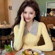 批发韩系黄色条纹polo领长袖针织衫上衣女秋冬高级感独特漂亮内搭毛衣