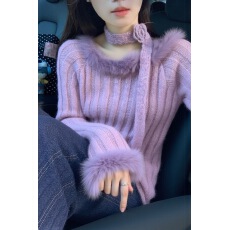 批发氛围感洋气减龄显瘦上衣轻熟小众不撞款紫色毛毛边针织衫女秋冬季