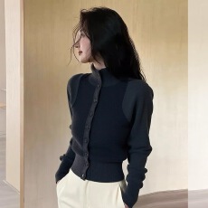 批发修身内搭高领针织开衫女秋冬巨好看灰色毛衣外套收腰长袖上衣打底