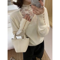 批发韩系穿搭蕾丝堆堆领毛衣女2025新款秋冬高级感针织衫宽松打底上衣