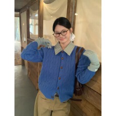 批发韩系假两件针织开衫毛衣女2025新款<b class='q'>秋</b>冬巨好看翻领小个子外套