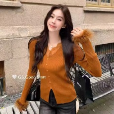 批发蕾丝拼接v领针织衫<b class='q'>秋</b>冬纯欲修身内搭打底衫开叉掐腰长袖上衣