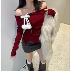 批发2025年春装新款法式小众气质修身显瘦露肩一字领喇叭袖针织小衫女