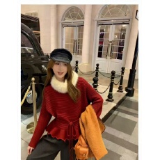批发温柔风毛领系带收腰针织衫女<b class='q'>秋</b>冬法式新款设计感气质显瘦保暖上衣