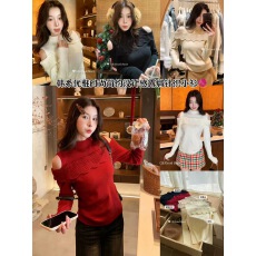 新年红半高领荷叶边露肩针织衫女秋冬修身设计感显瘦气质上衣