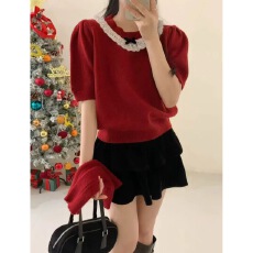 批发法式泡泡袖蕾丝领<b class='q'>毛衣</b>女设计感甜美上衣袖套针织衫秋冬2025新款