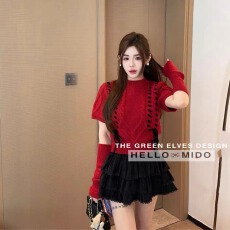 批发MH家 2025冬季温柔风圆领短袖系带麻花休闲针织衫上衣女配袖套