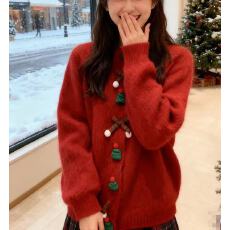 批发圣诞风氛围感青提绿针织开衫<b class='q'>毛衣</b>女秋冬高级感慵懒风宽松外套上衣