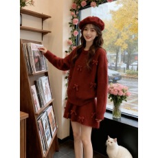 红色蝴蝶结毛衣套装女2025新款冬季加厚宽松慵懒针织半身裙两件套