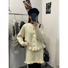 批发韩系荷叶边毛衣开衫外套女秋冬两件套高腰花边半身短裙