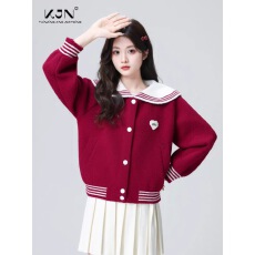 批发红色加厚毛衣外套女 冬新款学院风海军领宽松针织开衫上衣