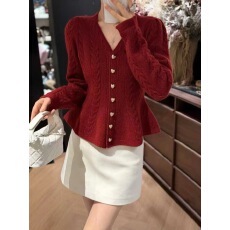 批发高级感新款纯色V领氛围感小众花苞设计洋气收腰减龄羊毛针织开衫