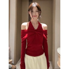 批发法式织物两穿全羊毛针织挂脖上衣打底 高质感针织假两件女