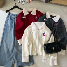 批发PPHOME甜美风毛领双拉链小马刺绣毛衣外套女秋冬显瘦百搭针织上衣