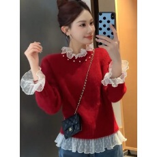 批发韩国东大门秋冬新款软糯设计感氛围感钉珠蕾丝拼接圣诞针织衫<b class='q'>毛衣</b>