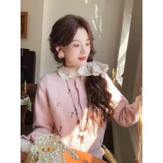 批发温舒敏冬日芭蕾粉色刺绣碎花<b class='q'>圆领</b><b class='q'>针织</b><b class='q'>开衫</b>女秋冬百搭花边上衣