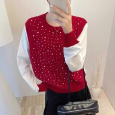 批发重工烫钻设计感毛衣女宽松秋<b class='q'>冬</b>新款韩系拼接假两件针织衫上衣