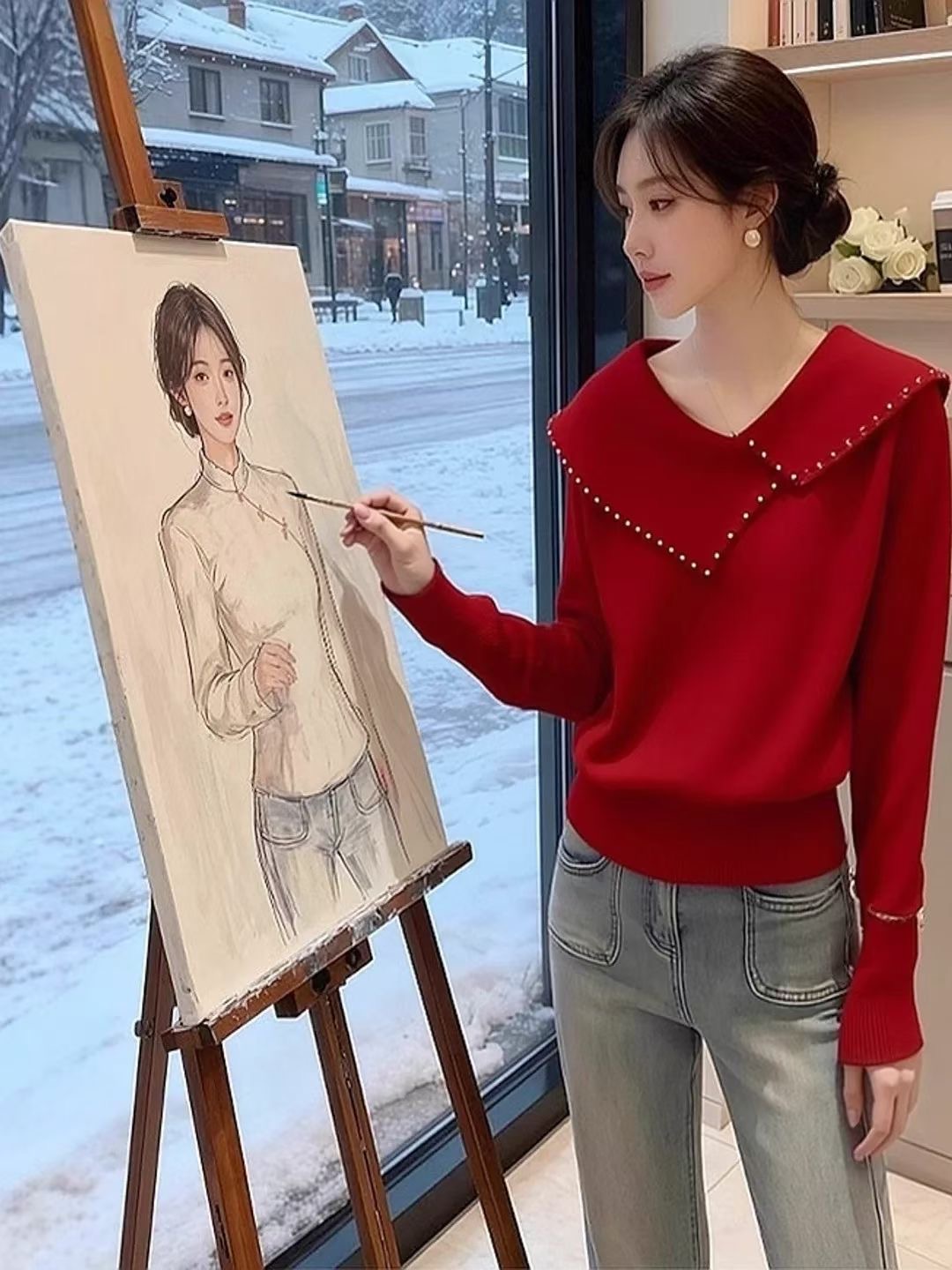 불규칙 폴로 칼라 빨간색 스웨터 니트 스웨터 여성 겨울 지방 mm 자이언트 잘 생긴 ~ 중 신년 분위기 센스 맨위