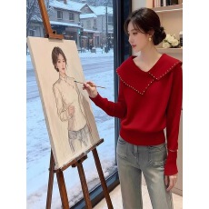 批发不规则翻领红色毛衣针织衫女<b class='q'>冬</b>季胖mm巨好看的新年氛围感上衣