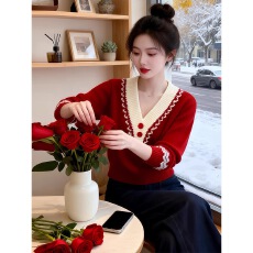 批发撞色V领软糯毛衣女装2026春季新款设计感时尚漂亮百搭潮流针织衫