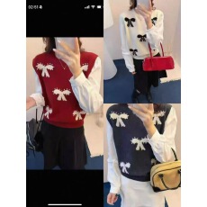批发钉珠蝴蝶结设计感<b class='q'>冬</b>季女时尚套头针织衫假两件宽松显瘦圆领上衣