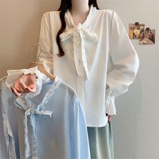 批发实拍～2026早春新款木耳边蝴蝶结系带衬衫女高级感喇叭袖宽松上衣