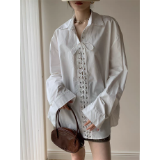 批发胖MM衬衫女中长款设计感宽松慵懒风绑带设计感长袖复古衬衫上衣潮