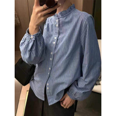 批发韩版时尚木耳边条纹衬衫女2026早春新款通勤百搭洋气长袖上衣