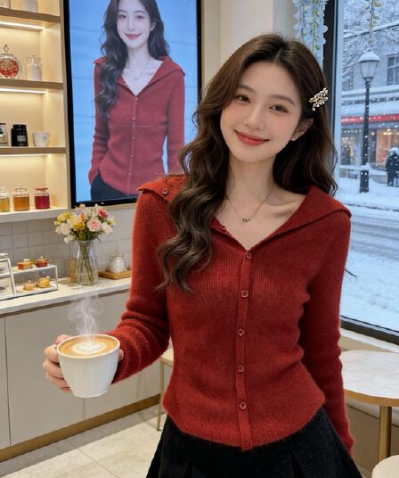 프랑스식 부드러운 분위기 센스 빅 칼라 이슬 쇄골 긴팔 아름다운 자이언트 잘 생긴 니트 스웨터 신년 인생 빨간색