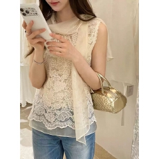 批发韩国2026春季新款小香风时尚设计感蕾丝刺绣无袖假两件背心<b class='q'>衬衫</b>女