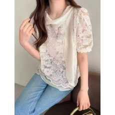 批发2026春季新款小香风设计感蕾丝刺绣短袖假两件背心<b class='q'>衬衫</b>女