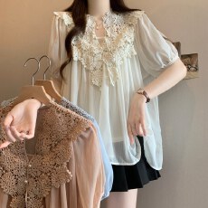 批发法式蕾丝钩花镂空V领<b class='q'>雪纺</b>衫女2026春夏季新款大码胖mm上衣