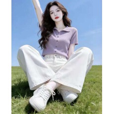 批发设计感花朵扣翻领针织开衫女 2026 <b class='q'>春</b>短袖坑条修身显瘦通勤上衣