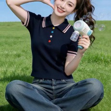 批发韩系精致青<b class='q'>春</b>活力撞色翻领针织短袖2026<b class='q'>春</b>季新款修身百搭气质上衣