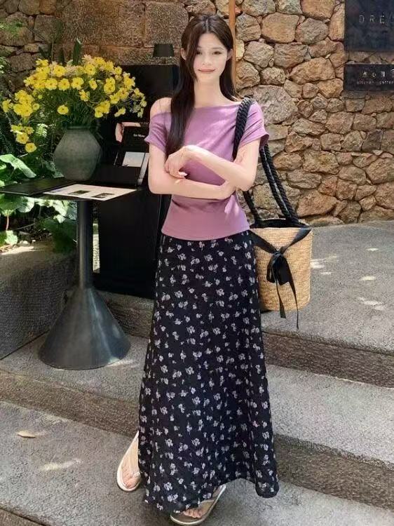 새로운 패션 달콤함 부드러운 바람 오프숄더 반팔 티셔츠 허리밴드 꽃무늬 반신 스커트 투피스 세트