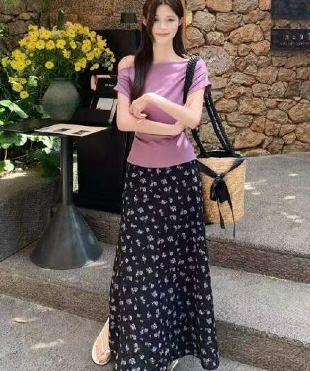 새로운 패션 달콤함 부드러운 바람 오프숄더 반팔 티셔츠 허리밴드 꽃무늬 반신 스커트 투피스 세트