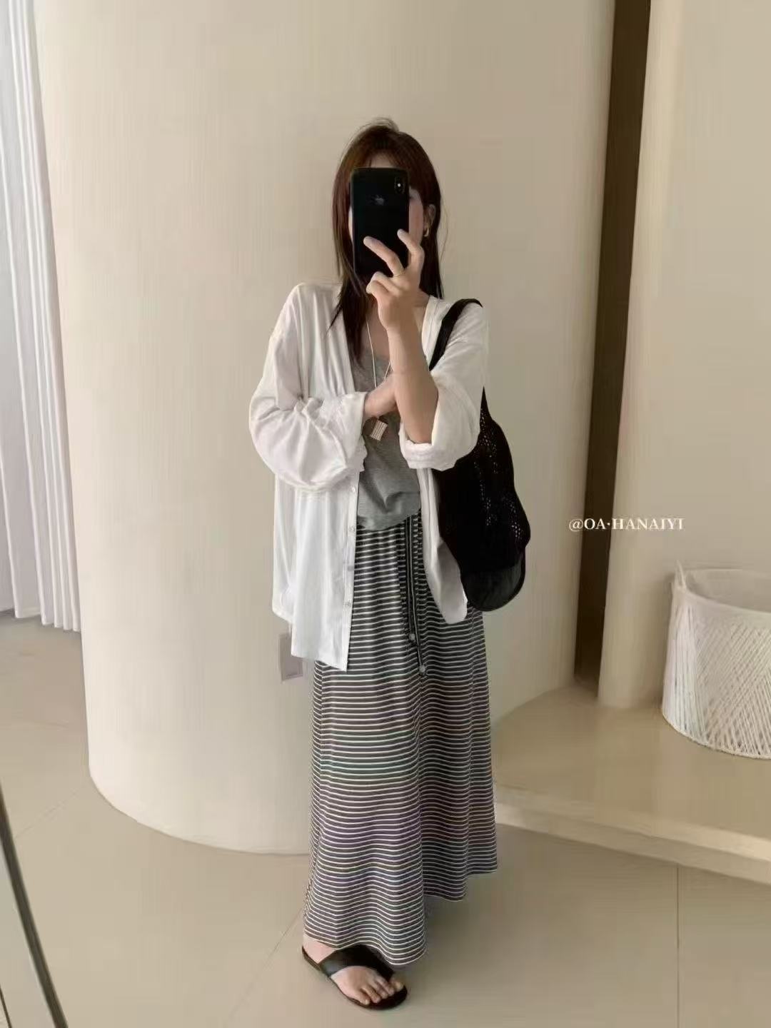 새로운 한국 스타일 루즈핏 캐주얼 자외선 차단 오픈 가디건 조끼 허리밴드 스트라이프 반신 스커트 3종 세트