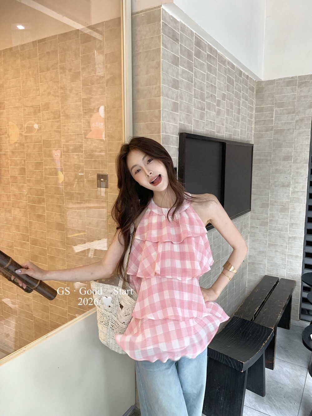여름 한 부서 달콤함 소녀 디자인 센스 부드러운 달콤한 미적 감각 체크무늬 다중 레이어 프릴 작은 셔츠 루즈핏 민소매 맨위