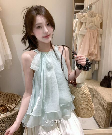 여름 이중층 프릴 쉬폰 블라우스 달콤함 부드러운 외출용 루즈핏 레이스업 연령 감소 슬립 작은 조끼 맨위