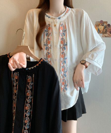 지방 mm 레트로 민족 스타일 자수 7부 소매 라미 셔츠 숲속 소녀 자수 면 린넨 맨위 여성 얇은 스타일