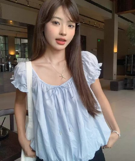 한 부서 달콤함 밝은색 라운드 넥 버블 반팔 여성 셔츠 여름 새로운 슈퍼 잘 생긴 루즈핏 슬림해 보이는 인형 셔츠 맨위