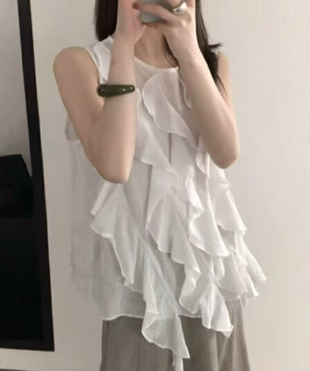 재고 있음 열세 개 여름 드레스 새로운 달콤함 부드러운 바람 프릴 민소매 여성 셔츠 루즈핏 인형 작은 셔츠 조끼