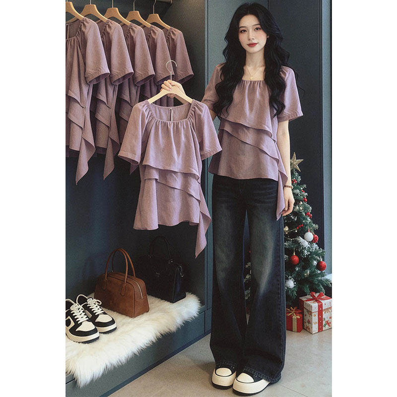 프랑스식 광장 칼라 프릴 쉬폰 셔츠 여성 여름 새로운 한 부서 연령 감소 품격 슬림해 보이는 불규칙 맨위