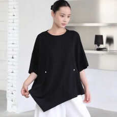 批发<b class='q'>胖</b><b class='q'>MM</b>不规则设计抽绳短袖T恤女夏季新款简约宽松百搭洋气上衣