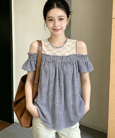 빅 사이즈 지방 mm 레트로 패션 광장 칼라 레이스 조각 체크무늬 거품 소매 셔츠 여름 루즈핏 다용도 맨위